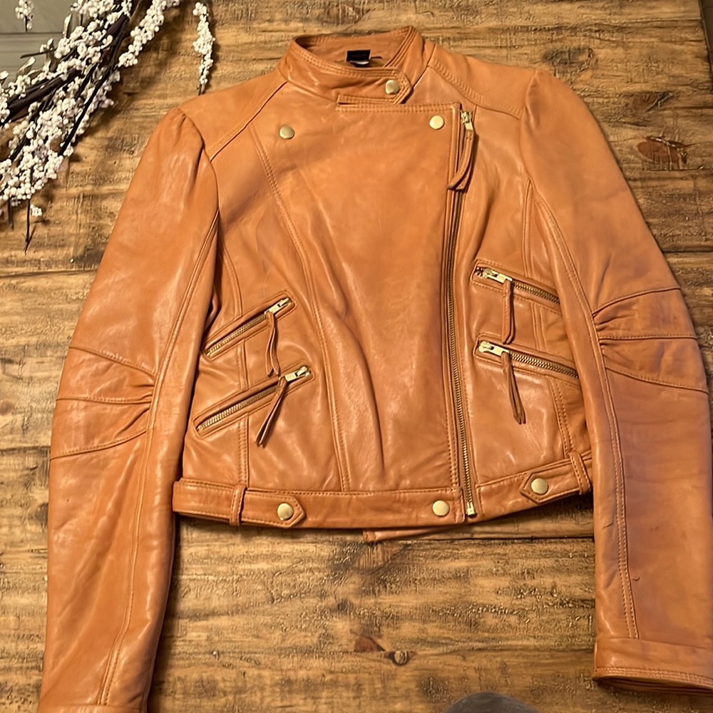 Antropology Cropped leather moto jacket in soft leather Camel - S and M sizes